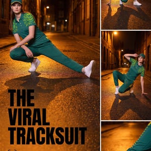 May include: A dark green three-piece tracksuit set featuring a polo shirt with yellow patterned sleeves, matching joggers, and a cap. The text reads: THE VIRAL TRACKSUIT, Center of Attention, Ultimate Freedom, Complete 3-Piece Set.