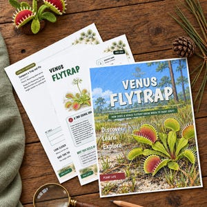 May include: A crochet Venus flytrap toy, educational activity sheets titled Venus Flytrap, a magnifying glass with a wooden handle, and a wooden pencil. The sheets feature illustrations of Venus flytraps and text about plant life.
