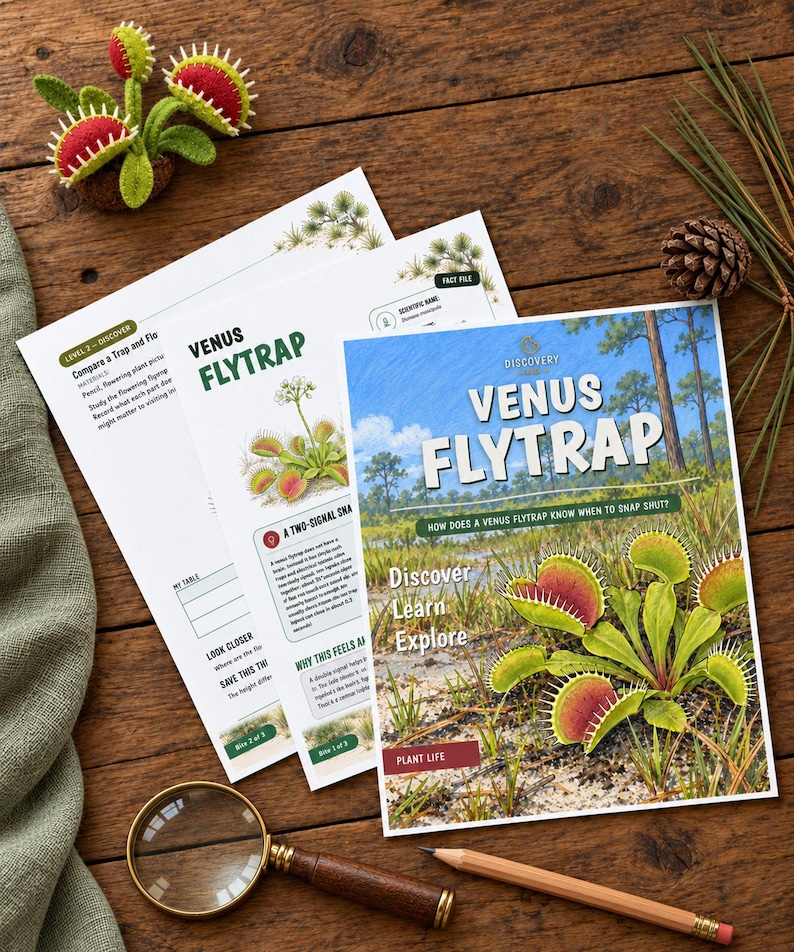 May include: A crochet Venus flytrap toy, educational activity sheets titled Venus Flytrap, a magnifying glass with a wooden handle, and a wooden pencil. The sheets feature illustrations of Venus flytraps and text about plant life.