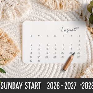 Mini calendario de escritorio imprimible 2026, 2027 y 2028 / Planificador mensual de 3x2" / Inicio en domingo / Descarga digital