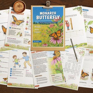 May include: A collection of educational activity sheets about the monarch butterfly, featuring illustrations of caterpillars, butterflies, and flowers, with text including "Monarch Butterfly," "Discover Learn Explore," and "Activities by Level."