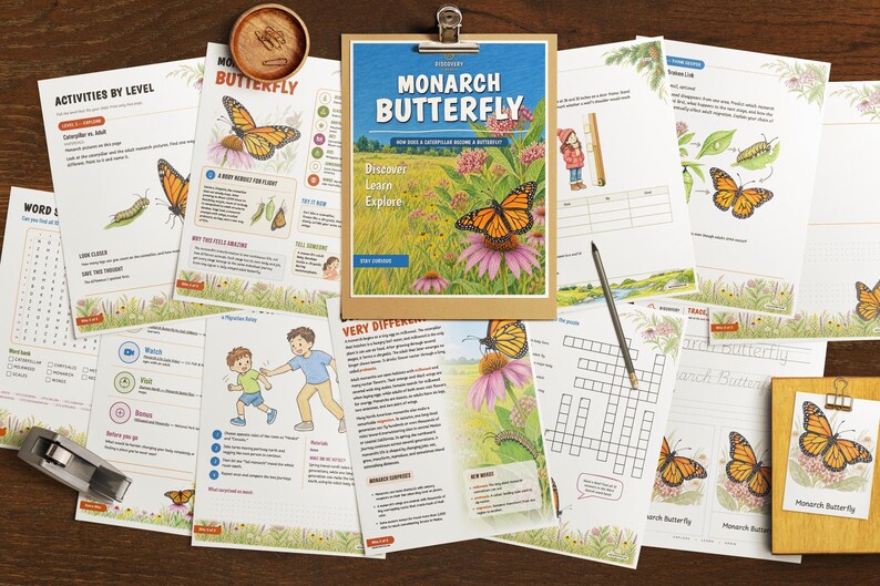May include: A collection of educational activity sheets about the monarch butterfly, featuring illustrations of caterpillars, butterflies, and flowers, with text including "Monarch Butterfly," "Discover Learn Explore," and "Activities by Level."