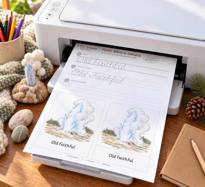 May include: A white printer outputting a worksheet titled Trace, Write & Explore. The page features the text Old Faithful in print and cursive, alongside two illustrations of the Old Faithful geyser erupting with blue and white water.