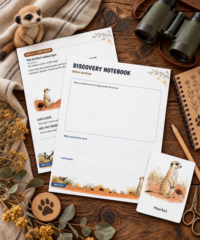 K&ouml;nnte beinhalten: Zwei wei&szlig;e Papierb&ouml;gen mit dem Titel Discovery Notebook mit Aufforderungen zum Nachdenken und Zeichnen des ersten Tages eines Erdm&auml;nnchen-Welpen au&szlig;erhalb des Baus. Die Seiten zeigen Illustrationen von Erdm&auml;nnchen in einem W&uuml;stenlebensraum.