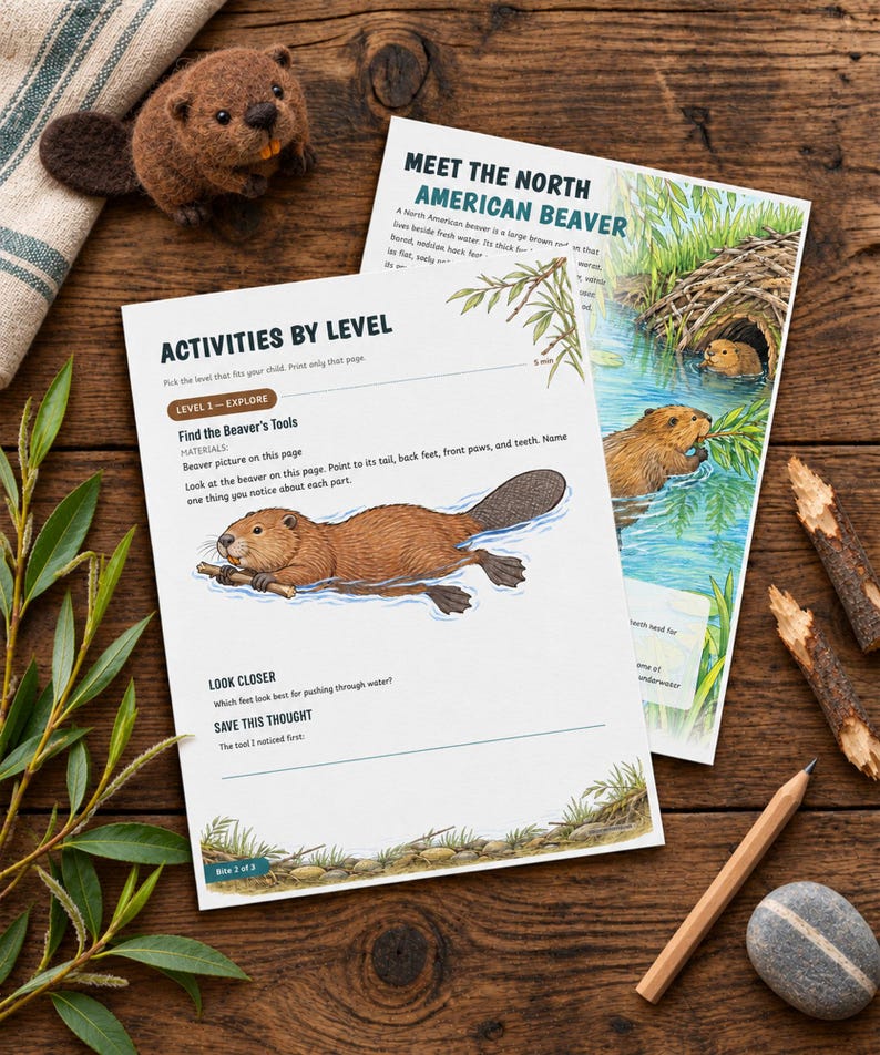 Puede incluir: Dos hojas de actividades educativas sobre castores norteamericanos con ilustraciones de castores en el agua, encabezados como Meet the North American Beaver, un castor de fieltro, un l&aacute;piz de madera y una piedra.