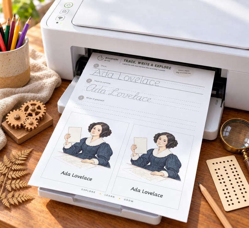 May include: A white printer outputting a worksheet titled Trace, Write & Explore featuring Ada Lovelace. The page includes cursive practice lines, two illustrations of Ada Lovelace in a dark blue dress with a white collar, and the text Ada Lovelace.
