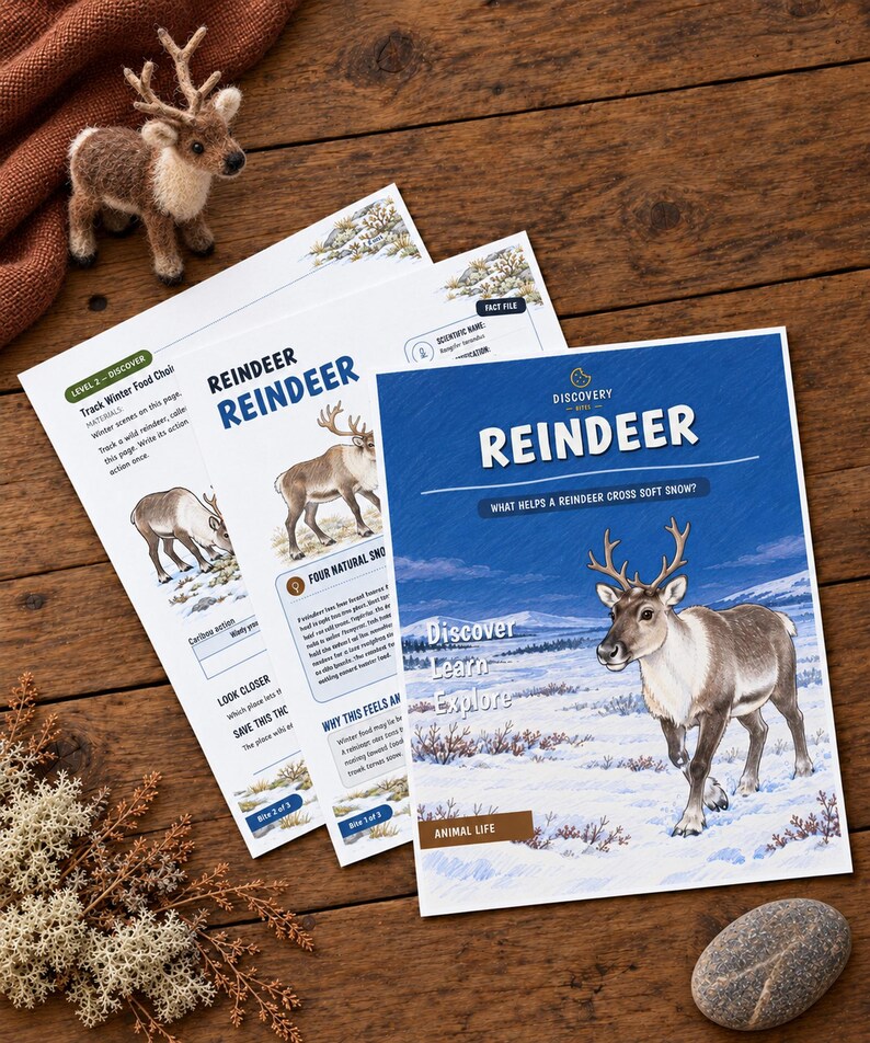May include: Three educational activity sheets titled Reindeer with illustrations of reindeer in snowy landscapes, featuring text about animal life, discovery, and learning, accompanied by a small plush reindeer toy.