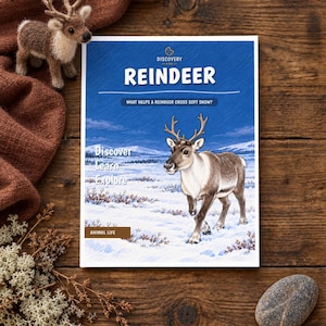 May include: A rectangular book titled REINDEER with a blue cover featuring an illustration of a reindeer in a snowy landscape. The text reads Discovery Bites, REINDEER, What helps a reindeer cross soft snow?, Discover Learn Explore, Animal Life.