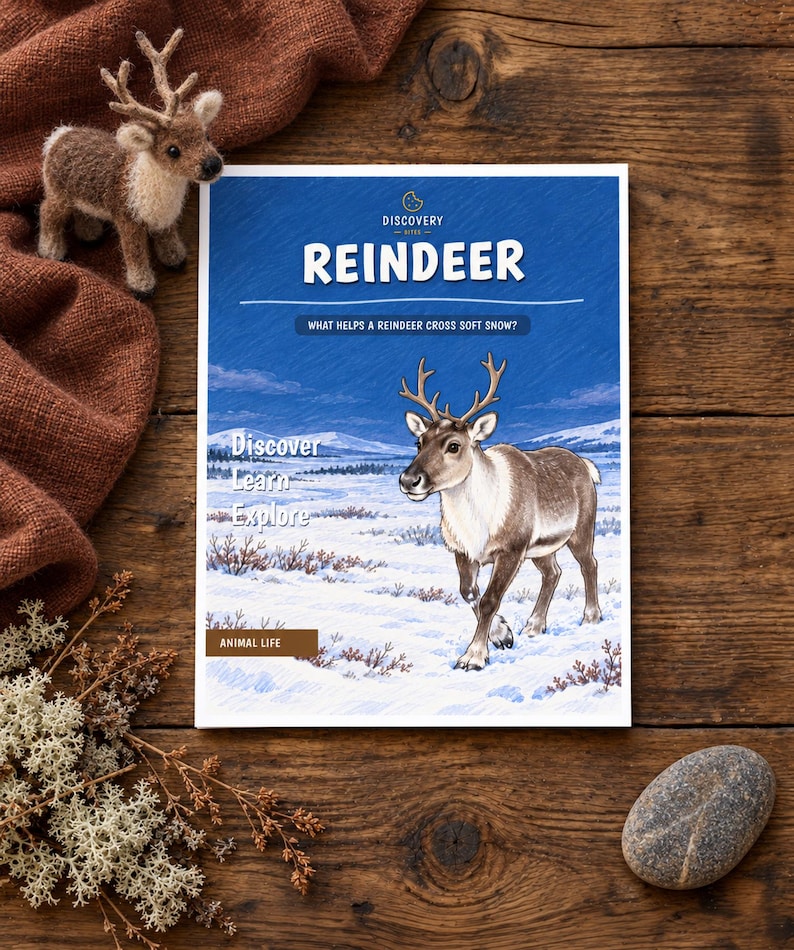 May include: A rectangular book titled REINDEER with a blue cover featuring an illustration of a reindeer in a snowy landscape. The text reads Discovery Bites, REINDEER, What helps a reindeer cross soft snow?, Discover Learn Explore, Animal Life.