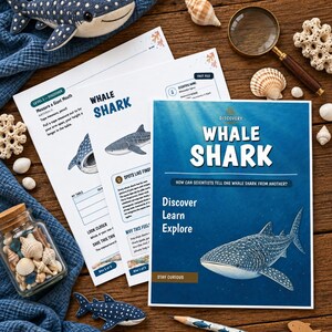 May include: A whale shark educational activity set featuring printed sheets with the text Whale Shark, Discover Learn Explore, and Stay Curious, accompanied by a plush whale shark, a glass jar of seashells, a magnifying glass, and a pencil.