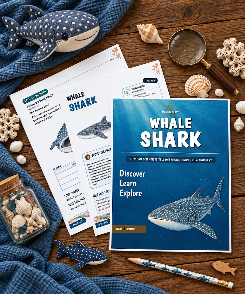 May include: A whale shark educational activity set featuring printed sheets with the text Whale Shark, Discover Learn Explore, and Stay Curious, accompanied by a plush whale shark, a glass jar of seashells, a magnifying glass, and a pencil.