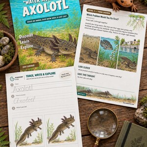 Może przedstawiać: Edukacyjne arkusze ćwiczeń o aksolotlach z ilustracjami tego wodnego stworzenia, tekstem "Water Monster Axolotl" i "Trace, Write & Explore", drewnianą figurką aksolotla, lupą oraz oł&oacute;wkiem.