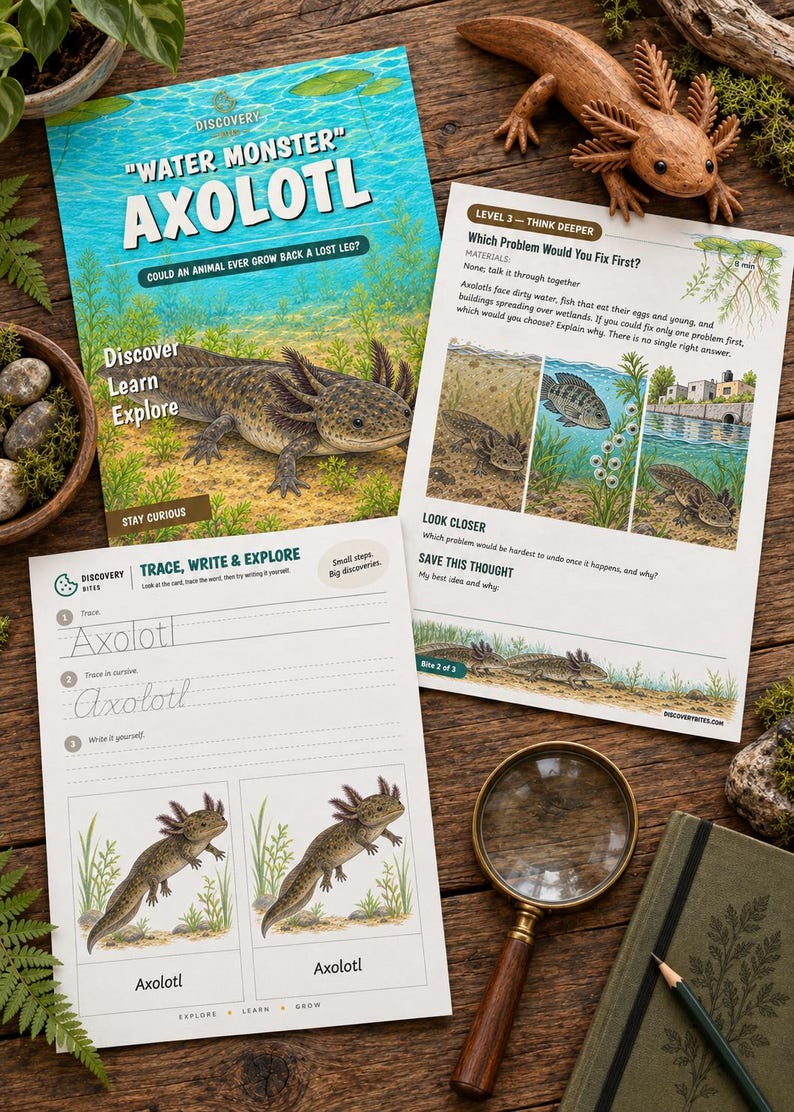 Może przedstawiać: Edukacyjne arkusze ćwiczeń o aksolotlach z ilustracjami tego wodnego stworzenia, tekstem "Water Monster Axolotl" i "Trace, Write & Explore", drewnianą figurką aksolotla, lupą oraz oł&oacute;wkiem.