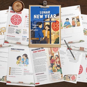 May include: A collection of printed activity sheets for Lunar New Year, featuring illustrations of families, red paper-cut decorations, and educational text. The pages include headers like Activities by Level, Family Discovery, and Welcoming the Year Together.