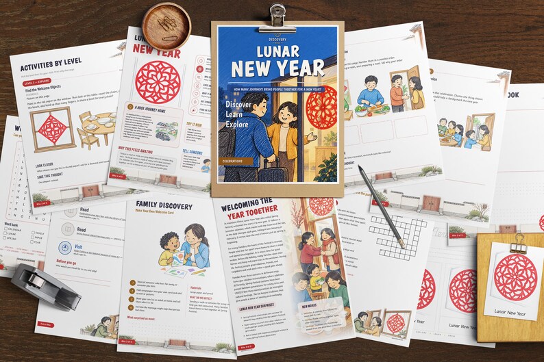 May include: A collection of printed activity sheets for Lunar New Year, featuring illustrations of families, red paper-cut decorations, and educational text. The pages include headers like Activities by Level, Family Discovery, and Welcoming the Year Together.