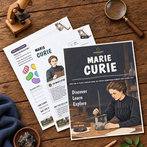 May include: A Marie Curie educational activity set featuring printed booklets with illustrations of Marie Curie, scientific equipment, and text including "Marie Curie," "Discover Learn Explore," and "How can a plain-looking rock be hiding something nobody has found yet?"