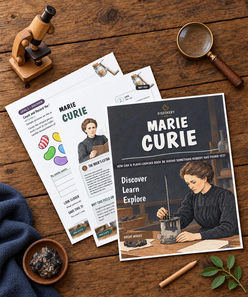 May include: A Marie Curie educational activity set featuring printed booklets with illustrations of Marie Curie, scientific equipment, and text including "Marie Curie," "Discover Learn Explore," and "How can a plain-looking rock be hiding something nobody has found yet?"
