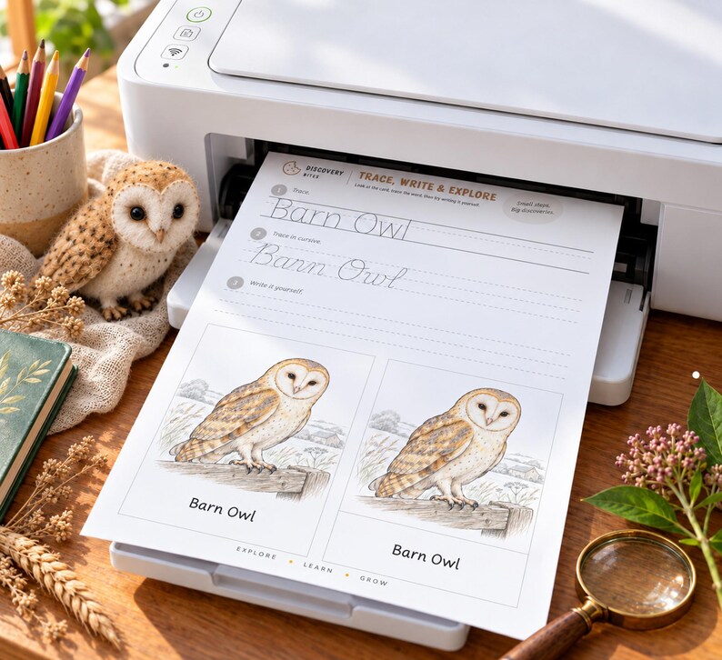 Puede incluir: Una impresora blanca emite una hoja de ejercicios titulada Trace, Write & Explore con el texto Barn Owl. La p&aacute;gina incluye pr&aacute;ctica de escritura cursiva y dos ilustraciones de una lechuza. Una figura de b&uacute;ho est&aacute; cerca.