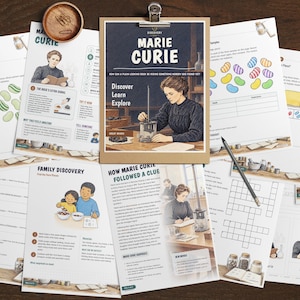 May include: A collection of educational activity sheets featuring Marie Curie, including text, illustrations, and diagrams. The pages contain headers like Activities by Level, Family Discovery, and How Marie Curie Followed a Clue, with a central clipboard displaying a Marie Curie title page.