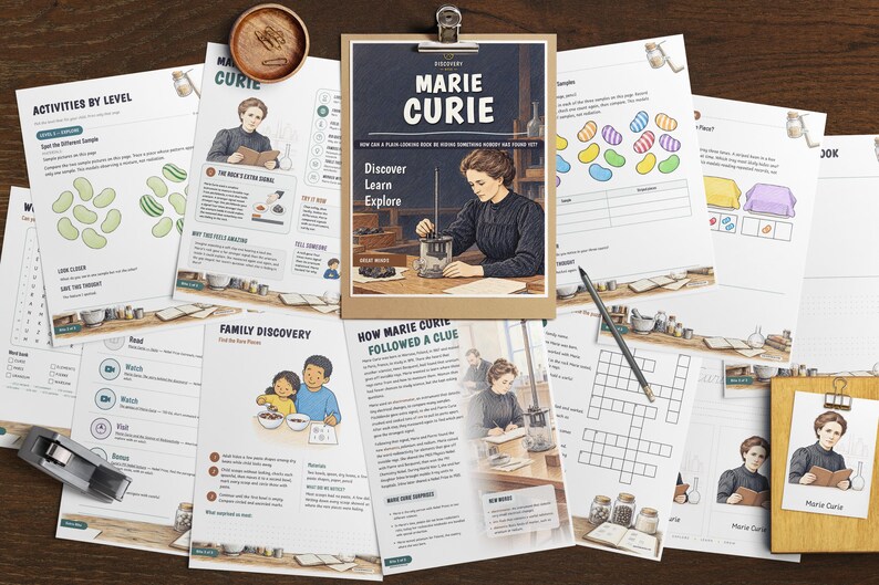 May include: A collection of educational activity sheets featuring Marie Curie, including text, illustrations, and diagrams. The pages contain headers like Activities by Level, Family Discovery, and How Marie Curie Followed a Clue, with a central clipboard displaying a Marie Curie title page.