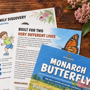 May include: Three educational cards about monarch butterflies. The top card features the text Family Discovery, the middle card is titled Built for Two Very Different Lives, and the front card displays Discovery Bites Monarch Butterfly.