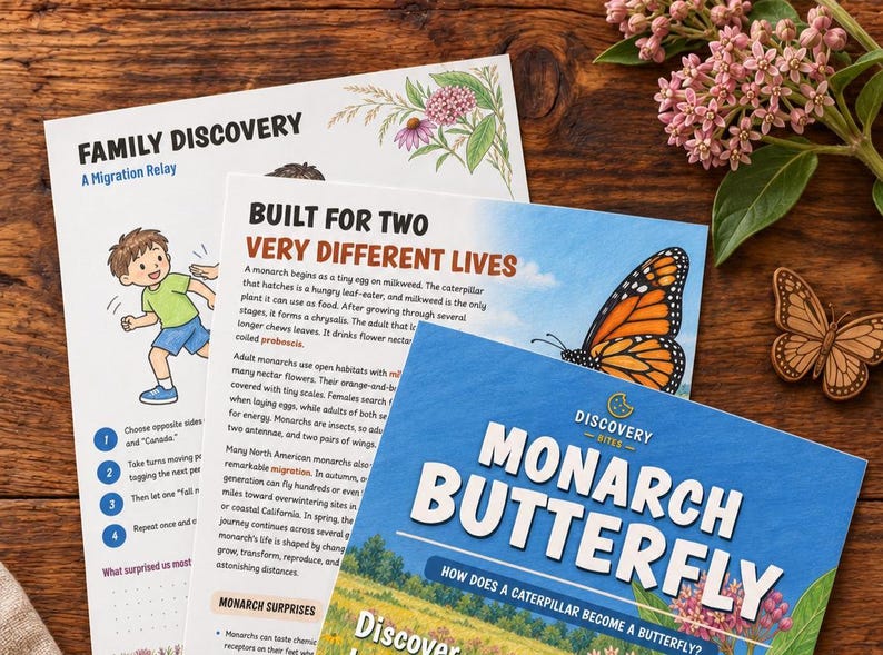 May include: Three educational cards about monarch butterflies. The top card features the text Family Discovery, the middle card is titled Built for Two Very Different Lives, and the front card displays Discovery Bites Monarch Butterfly.