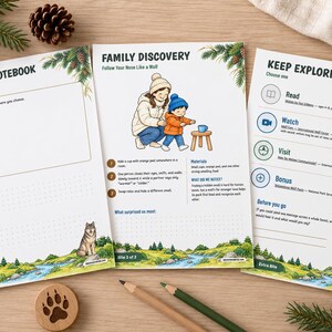 Puede incluir: Tres hojas de actividades impresas tituladas Discovery Notebook, Family Discovery y Keep Exploring. Las p&aacute;ginas presentan ilustraciones de lobos, ramas de pino y un ni&ntilde;o con un adulto, junto con indicaciones de texto, instrucciones y contenido educativo sobre lobos.