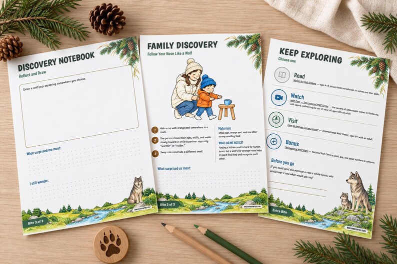 Puede incluir: Tres hojas de actividades impresas tituladas Discovery Notebook, Family Discovery y Keep Exploring. Las p&aacute;ginas presentan ilustraciones de lobos, ramas de pino y un ni&ntilde;o con un adulto, junto con indicaciones de texto, instrucciones y contenido educativo sobre lobos.