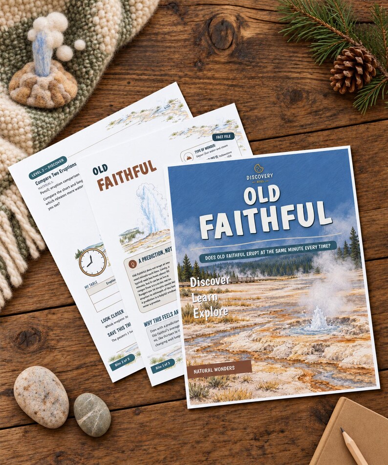 May include: Three educational activity sheets about the Old Faithful geyser. The top sheet features a blue header with the text Old Faithful, a landscape illustration of a geyser, and the words Discover, Learn, Explore in white text.