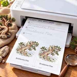 May include: A white printer outputting a worksheet titled Trace, Write & Explore Bristlecone Pine. The page features cursive practice lines and two illustrations of a bristlecone pine tree. A magnifying glass sits nearby.