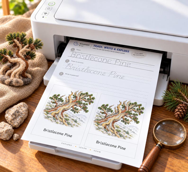 May include: A white printer outputting a worksheet titled Trace, Write & Explore Bristlecone Pine. The page features cursive practice lines and two illustrations of a bristlecone pine tree. A magnifying glass sits nearby.