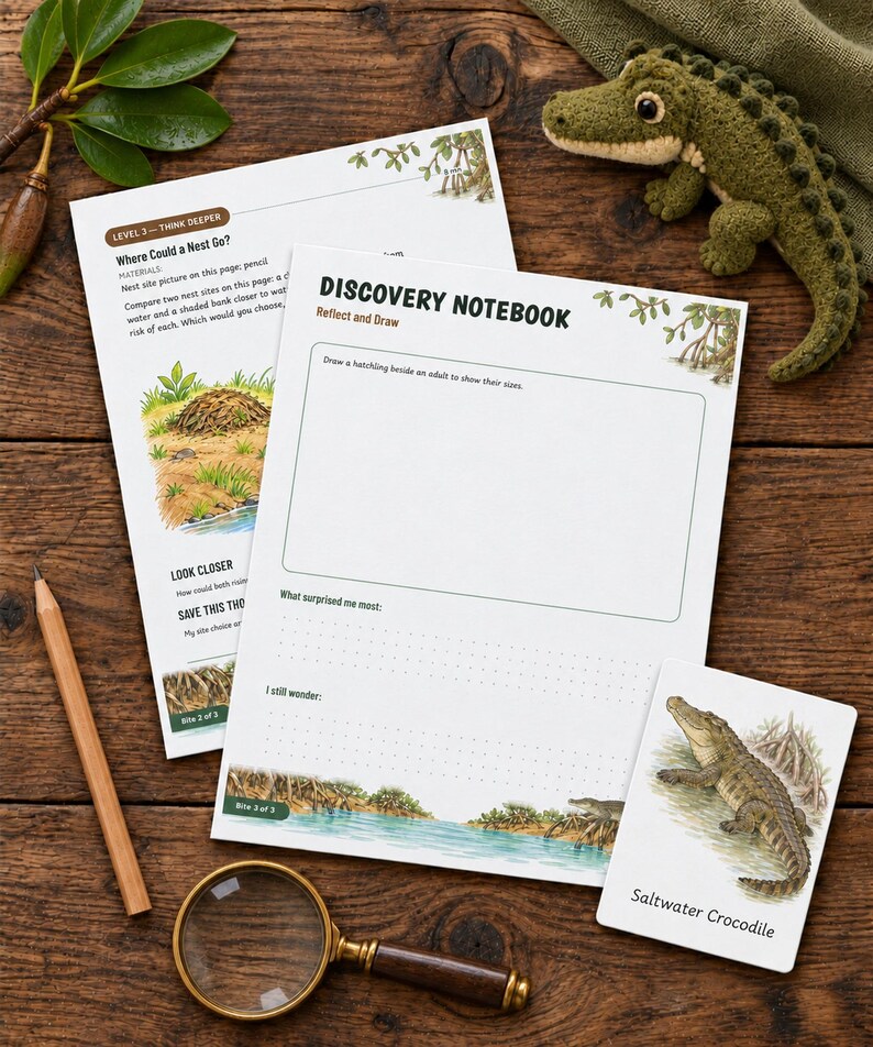 May include: A Discovery Notebook activity sheet with a Saltwater Crocodile card, a wooden pencil, a magnifying glass, and a crocheted green crocodile toy. The notebook features the text Reflect and Draw, What surprised me most, and I still wonder.