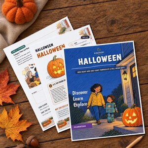 May include: Three educational activity sheets about Halloween with illustrations of pumpkins and children. The top sheet features the title Halloween, Discover Learn Explore, and a child in a robot costume walking with an adult at night.