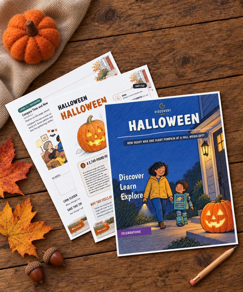 May include: Three educational activity sheets about Halloween with illustrations of pumpkins and children. The top sheet features the title Halloween, Discover Learn Explore, and a child in a robot costume walking with an adult at night.