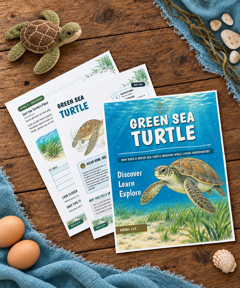 Puede incluir: Un conjunto de hojas de actividades educativas tituladas Green Sea Turtle con ilustraciones de una tortuga en un h&aacute;bitat oce&aacute;nico, acompa&ntilde;adas de un peque&ntilde;o peluche de tortuga, dos huevos marrones y dos conchas sobre madera.