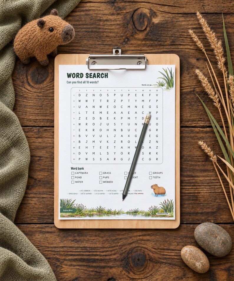 May include: A word search puzzle sheet on a wooden clipboard with a pencil resting on the grid. The sheet features the title WORD SEARCH, a letter grid, a word bank with checkboxes, and illustrations of a capybara and marshy vegetation.