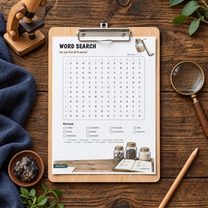 May include: A word search puzzle sheet on a wooden clipboard featuring a grid of letters, a word bank with terms like Curie and Radium, and illustrations of glass jars and a book. The text reads WORD SEARCH and Can you find all 10 words?