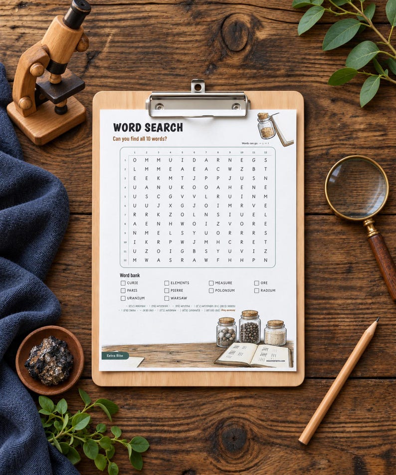 May include: A word search puzzle sheet on a wooden clipboard featuring a grid of letters, a word bank with terms like Curie and Radium, and illustrations of glass jars and a book. The text reads WORD SEARCH and Can you find all 10 words?