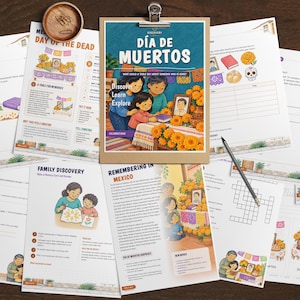 May include: A collection of educational activity sheets about D&iacute;a de Muertos, featuring illustrations of families, marigold flowers, and altars. The central document is clipped to a wooden board, surrounded by worksheets with text, puzzles, and drawings.