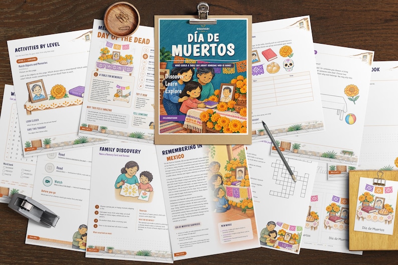 May include: A collection of educational activity sheets about D&iacute;a de Muertos, featuring illustrations of families, marigold flowers, and altars. The central document is clipped to a wooden board, surrounded by worksheets with text, puzzles, and drawings.