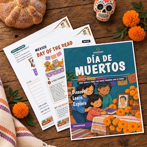 Puede incluir: Un conjunto de hojas de actividades educativas tituladas Día de Muertos, con ilustraciones de una familia ante un altar, junto a un pan redondo, una calavera decorativa y flores de cempasúchil sobre madera.