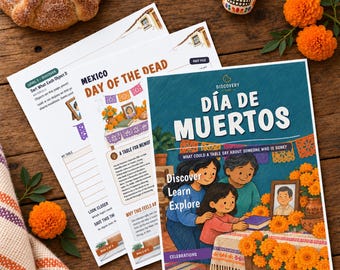 Puede incluir: Un conjunto de hojas de actividades educativas tituladas Día de Muertos, con ilustraciones de una familia ante un altar, junto a un pan redondo, una calavera decorativa y flores de cempasúchil sobre madera.
