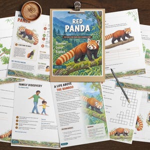 Puede incluir: Una colecci&oacute;n de hojas de actividades educativas con ilustraciones de pandas rojos y texto. El documento central se titula Red Panda, Discover Learn Explore. Incluye crucigramas, gu&iacute;as de descubrimiento y niveles de actividad.