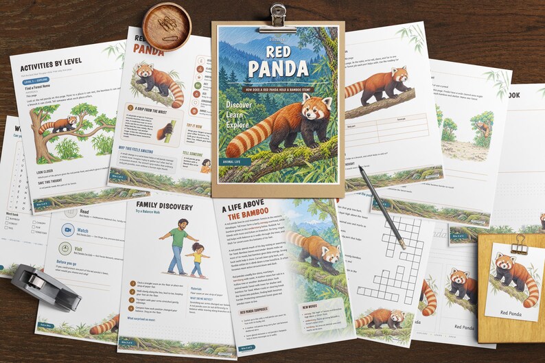 Puede incluir: Una colecci&oacute;n de hojas de actividades educativas con ilustraciones de pandas rojos y texto. El documento central se titula Red Panda, Discover Learn Explore. Incluye crucigramas, gu&iacute;as de descubrimiento y niveles de actividad.