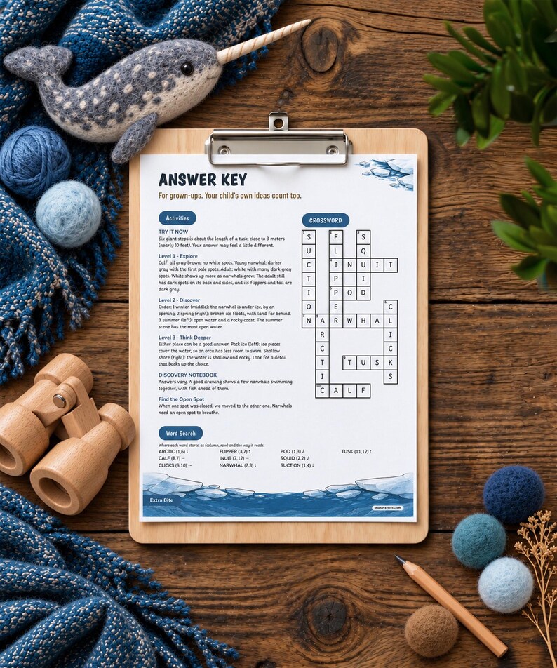 Puede incluir: Una hoja de respuestas impresa en un portapapeles con actividades educativas, un crucigrama y una sopa de letras sobre narvales. El documento incluye encabezados de texto como ANSWER KEY, Activities y Crossword con pistas.
