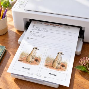 K&ouml;nnte beinhalten: Ein wei&szlig;er Drucker gibt ein Arbeitsblatt mit dem Titel Trace, Write & Explore aus. Das Blatt zeigt das Wort Meerkat in Druck- und Schreibschrift, zwei Illustrationen von Erdm&auml;nnchen in einer W&uuml;stenumgebung und den Text Explore, Learn, Grow.