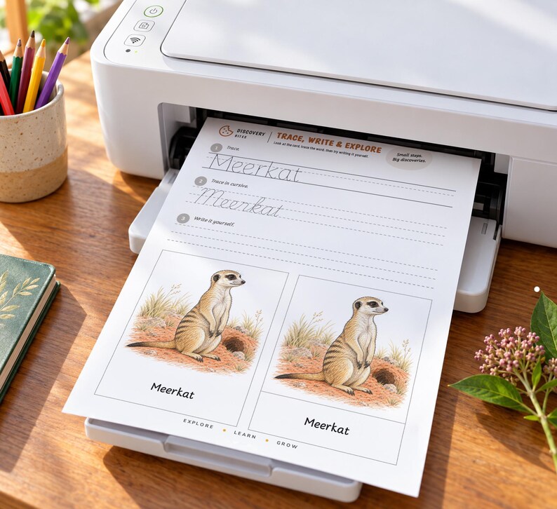 K&ouml;nnte beinhalten: Ein wei&szlig;er Drucker gibt ein Arbeitsblatt mit dem Titel Trace, Write & Explore aus. Das Blatt zeigt das Wort Meerkat in Druck- und Schreibschrift, zwei Illustrationen von Erdm&auml;nnchen in einer W&uuml;stenumgebung und den Text Explore, Learn, Grow.