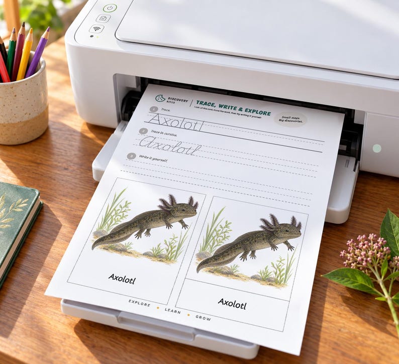 Może przedstawiać: Biała drukarka wysuwająca arkusz ćwiczeń zatytułowany Trace, Write & Explore. Strona zawiera słowo Axolotl w druku i kursywie, dwie ilustracje aksolotla oraz tekst Axolotl, Explore, Learn, Grow u dołu strony.