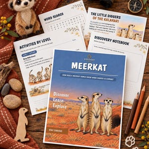 K&ouml;nnte beinhalten: Eine Sammlung von p&auml;dagogischen Arbeitsbl&auml;ttern &uuml;ber Erdm&auml;nnchen, bestehend aus einem Hauptheft mit dem Titel MEERKAT und einer Illustration von drei Erdm&auml;nnchen in der W&uuml;ste, sowie einem Wortsuchr&auml;tsel, einem Entdeckernotizbuch und einem Erdm&auml;nnchen-Pl&uuml;schtier.