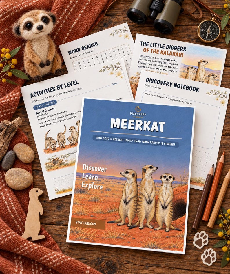 K&ouml;nnte beinhalten: Eine Sammlung von p&auml;dagogischen Arbeitsbl&auml;ttern &uuml;ber Erdm&auml;nnchen, bestehend aus einem Hauptheft mit dem Titel MEERKAT und einer Illustration von drei Erdm&auml;nnchen in der W&uuml;ste, sowie einem Wortsuchr&auml;tsel, einem Entdeckernotizbuch und einem Erdm&auml;nnchen-Pl&uuml;schtier.